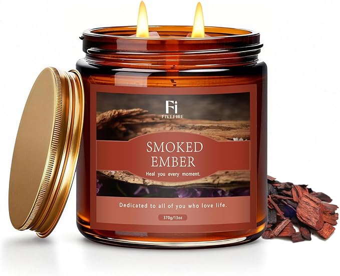 Smoked Ember Scented Candle, 13 oz Soy Wax Candle with Cotton Wick, 76-Hour Clean Burning, Non-Toxic Woodsy Scent for Relaxation & Focus, Aromatherapy Candle, Housewarming Gift