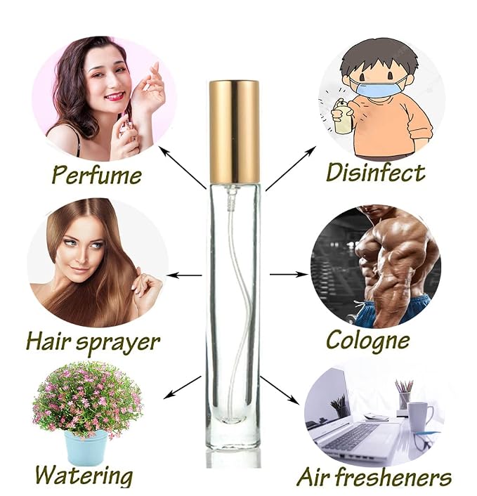 Thick Glass 5pcs 10ml 1/3oz Gold Spray Bottle Refill Perfume Hydrating Fragrance Fine Mist Atomizer Cosmetic Container Round Tube Party Makeup Tool Travel Gift Sample