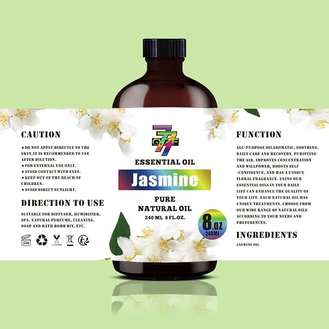 Jasmine Essential Oil, Jasmine Oils, for Diffuser, Humidifier, DIY Candles, Soap, Bedroom, Gift, Essential Oil, GV77ZF Jasmine Fragrance Oil - 8 fl oz (240 ml)