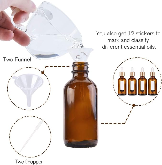 PrettyCare Glass Eye Dropper Bottles 2oz (60ml), 12 Pcs Amber Empty Thick Bottles Bulk with Leakproof Golden Caps - With Labels & Funnels for for Storage, Travel,Essential Oils, DIY Serums, Tincture