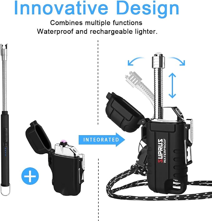 SUPRUS Waterproof Lighter Windproof Lighter Arc Plasma Lighters USB-C Rechargeable with Expandable and Flexible Neck for Outdoor, Camping & Kitchen (Black, 2Packs)