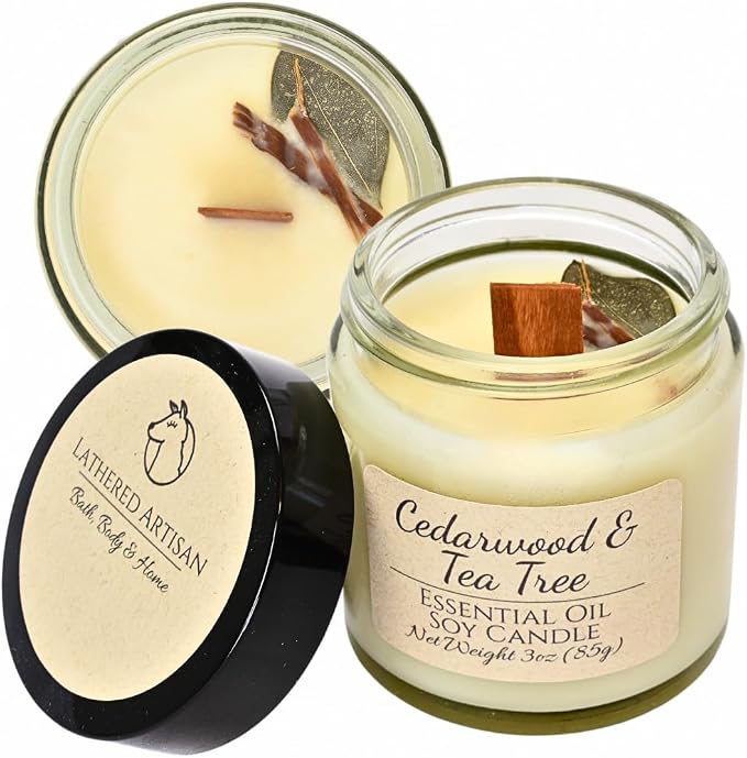 Cedarwood & Tea Tree Scented Candle, Hand Crafted Essential Oil Soy Candles with Flickering Wood Wick, Garnish, 23 Hour Burn Time, Natural Aromatherapy, Glass Jar with Lid, 3oz by Lathered Artisan