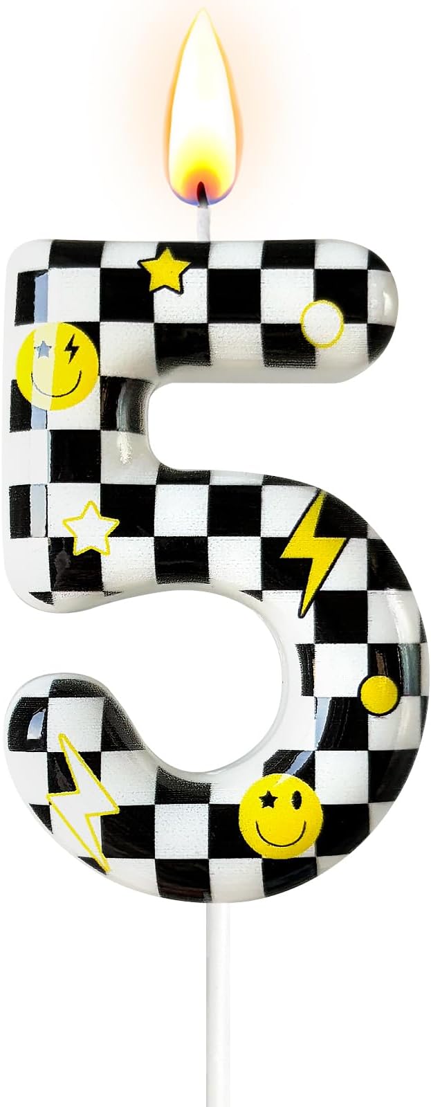 Number 5 Birthday Candle for Cake – Black White Checkered Smiley Design with Lightning & Star – Five Happy Dudes Theme Cake Topper for Birthday Party Decorations