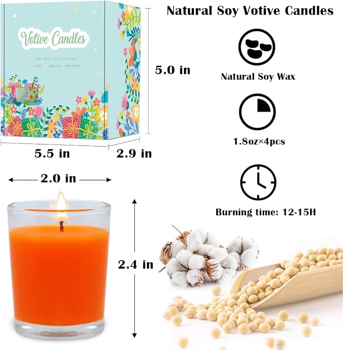 4 Packs Unscented Orange Votive Candles in Glass, 2 Inch Natural Soy Wax Scentless Fall Harvest Autumn Candles for Halloween Thanksgiving Wedding Party Home Holiday Relaxation, 12-15 Hour Burning Time