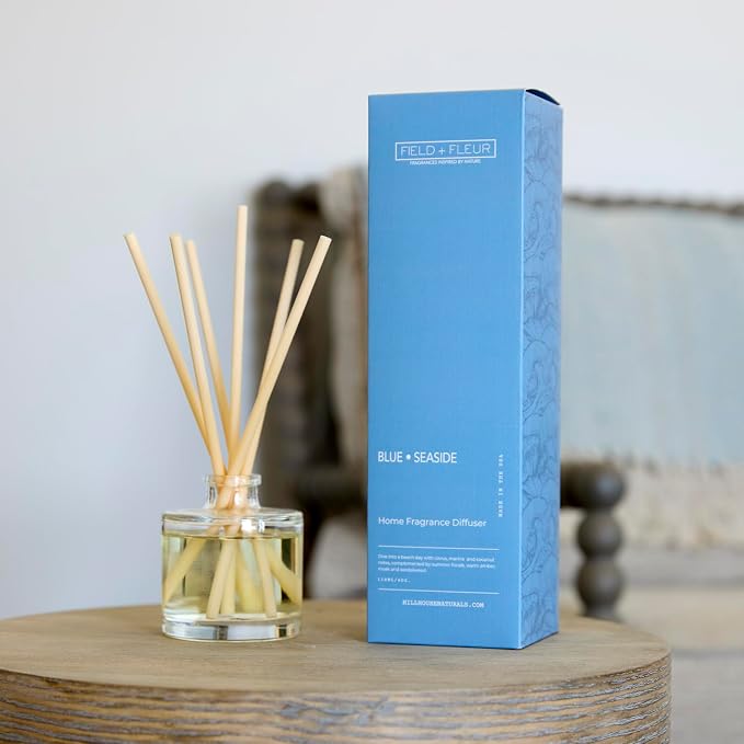 Field + Fleur - Reed Diffuser Set - Home Fragrance Diffuser - Refresh Home, Bedrooms, Bathrooms & More - Notes of Citrus, Oceanic Breeze & Sugary Coconut - Made in the USA - Blue Seaside Scent - 4 oz