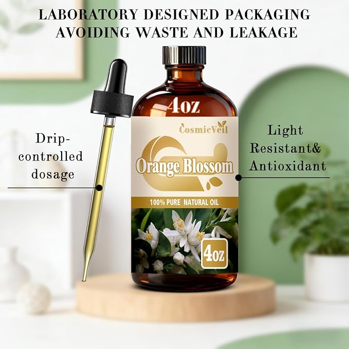 Orange Blossom Essential Oil Orange Blossom Oil for Aroma Diffuser,Humidifier,Home Fragrance,Cleaning,Body Care,Massage,Yoga,DIY Candle,DIY Soap CosmicVeil（Orange Blossom，4 Fl Oz (Pack of 1)）