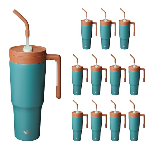 Konokyo 12 Pack 40 Oz Tumblers with Handle and Straw, Bulk Vacuum Insulated Stainless Steel Travel Mugs with Lids for Office, Events and Group Orders Lake Blue