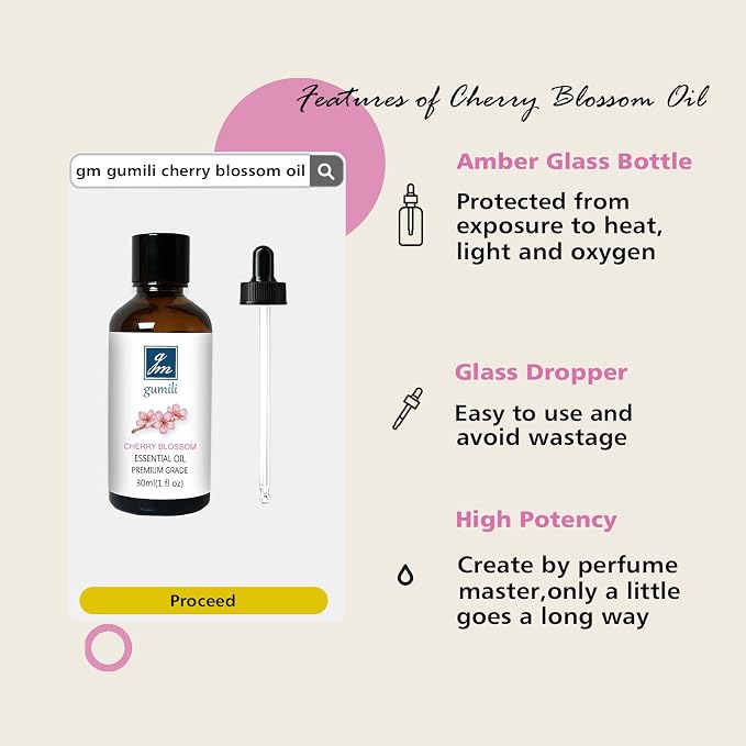 GM Gumili Cherry Blossom Essential Oil, Home Fragrance Oil, Scent Oils for Candle Making, Soap, Dryer Balls, Diffusers, Laundry, Slime -1 oz /30ml