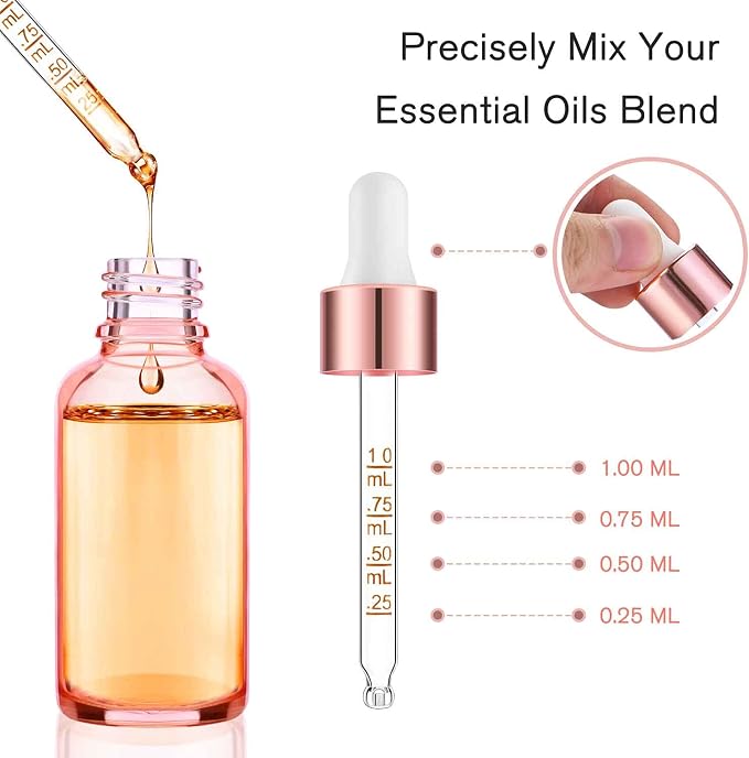 PrettyCare Glass Eye Dropper Bottles 2oz (60ml), 12 Pcs Empty Thick Pink Rose Glass Bottles Bulk with Leakproof Cap - With Labels & Funnel for for Storage, Travel,Essential Oils, DIY Serums, Tincture