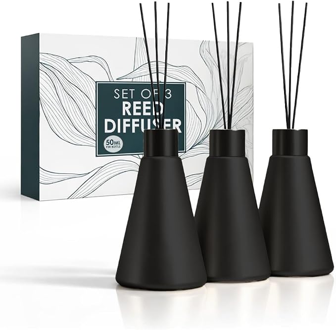 Mega Handles Reed Diffuser Sets (50ml) - 3 Pack White Flower Scent Bathroom Diffuser, Elegant Reed Diffuser for Shelf Decor, Decorative Air Freshener for Large Rooms - Matte Black