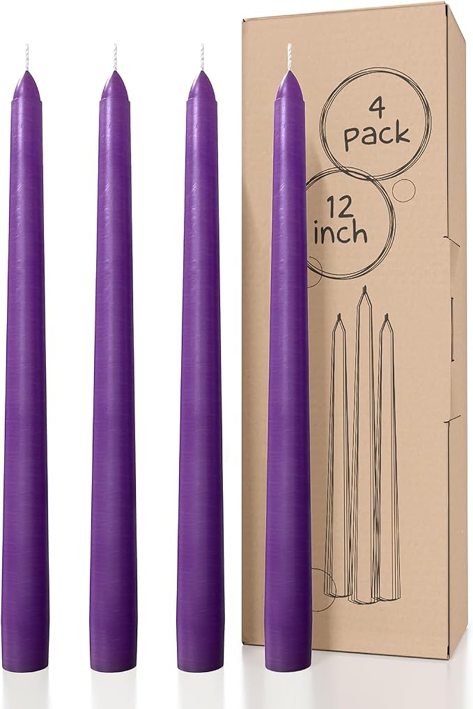 CANDWAX Purple 12 inch Taper Candles Pack of 4 - Unscented Smokeless Dripless Long Burning Christmas Tapered Candle Sticks - Perfect as Christmas Candle Sticks for Home Decor - Purple Taper Candles
