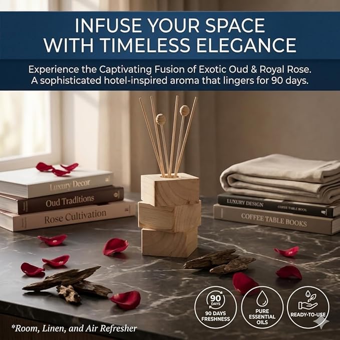 Oud Rose Reed Diffuser for Home, Luxury Hotel Collection Scent Inspired by Ritz Carlton, Long Lasting Fragrance, Minimalist Design, Bathroom Accessories/Bedroom Office Decor Gift, 3.34 Fl Oz