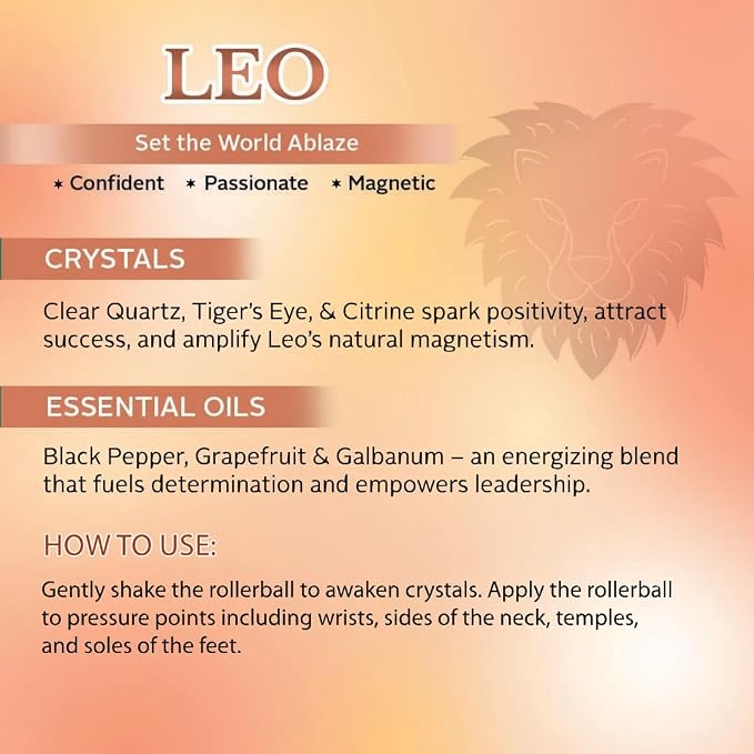 Leo Zodiac Crystal-Infused Essential Oil Rollerball, Aromatherapy Blend - Confidence & Vitality, Premium Astrology Sign Birthday Gift, Natural Therapeutic Roller, 10 mL
