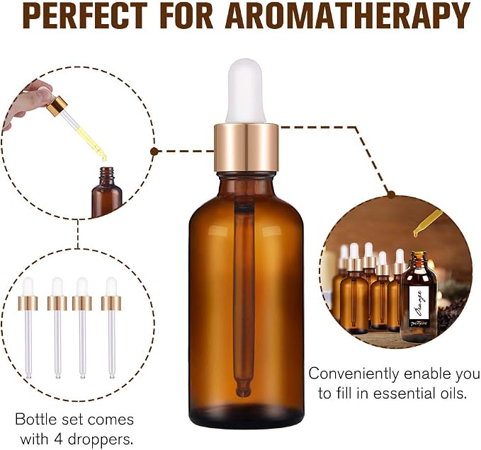 PrettyCare 2 oz Dropper Bottles, 4 Pack Amber Glass Bottles 60ml with Golden Caps, 12 Labels, Funnel & Measured Pipettes-Empty Tincture for Essential Oils & Skincare