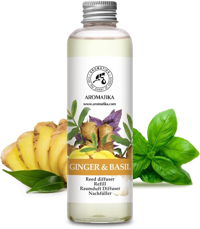 Reed Diffuser Refill Ginger & Basil 6.8 Fl Oz - Aroma Diffuser with Essential Ginger Oil - Fragrance Diffuser - Spicy and Fresh Fragrance - Natural Fragrance - Aromatherapy - Air Freshener