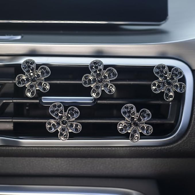 Daisy Air Vent Clips, 3 Pcs Cute Flower Crystal Rhinestone Car Air Conditioning Outlet Clip Vehicle Air Freshener Clip Charm Car Inter Decor Accessories for Women (Black, 1.6inch)