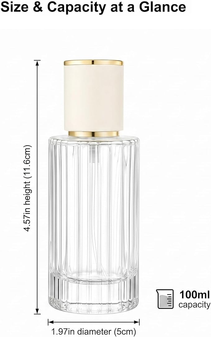 YU FENG 2 Pack Refillable Glass Spray Perfume Bottles, 100ML Clear Fine Mist Atomizer with Gold Rim & Cream Cap, Empty Portable Glass Essential Oil Spray Bottles for Travel, Home, DIY Fragrance