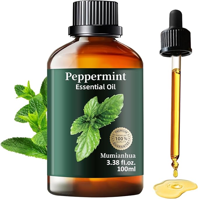 Peppermint Essential Oil, Pure Mumianhua Natural Oil for Energy Focus & Cooling Comfort, Aromatherapy for Diffuser, Outdoor Protective Barrier, Skin, Hair, Natural Cleaning – 3.38 Fl Oz