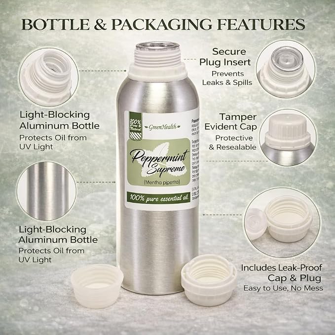 Peppermint Essential Oil – 100% Pure Mentha Piperita – GreenHealth – 8 fl oz (237 ml) Aluminum Bottle with Plug Cap – Aromatherapy, Diffusers, DIY, Candles, Fresh Home Scent