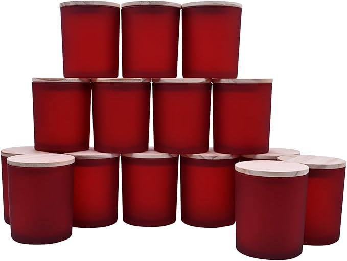 SHOWIN 10 OZ Thick Candle Jars for Making Candles 15 Pcs, Empty Jars with Wood Lids for Candle Making, Sample Container, Frosted Red