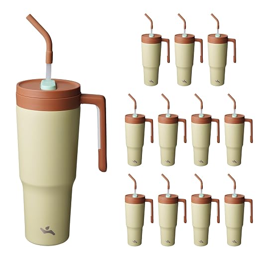Konokyo 12 Pack 40 Oz Tumblers with Handle and Straw, Bulk Vacuum Insulated Stainless Steel Travel Mugs with Lids for Office, Events and Group Orders Pistachio