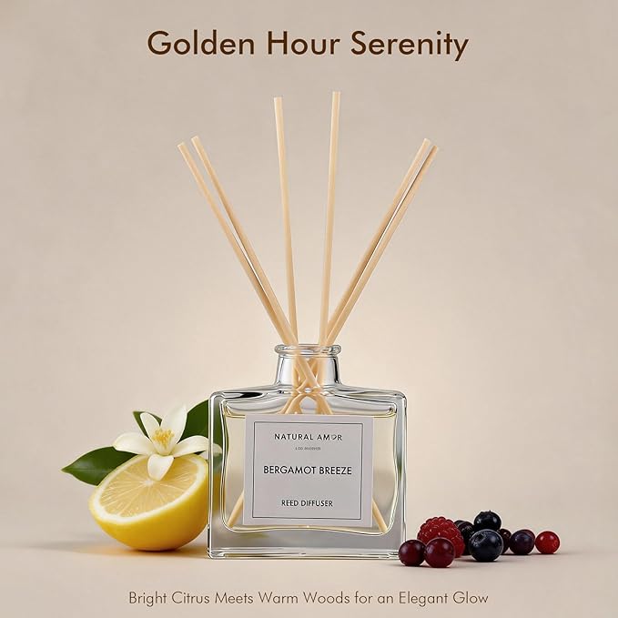 Natural Amor Bergamot Reed Diffuser Set, 3.38 fl oz Scented Diffuser with Sticks Home Fragrance Reed Diffuser for Bathroom Shelf Bedroom Living Room