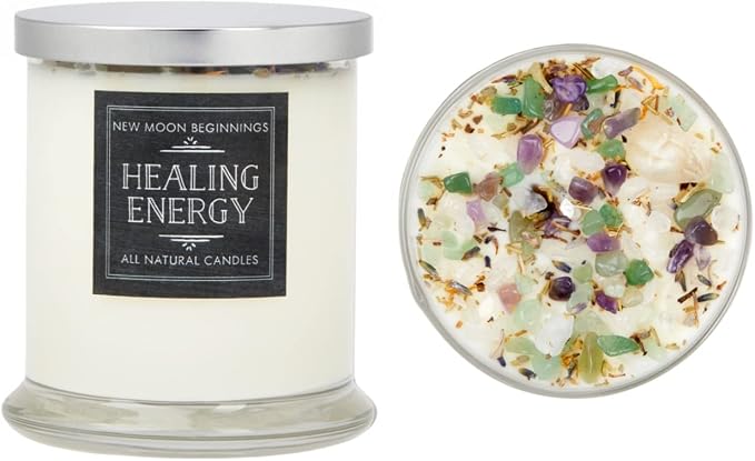 New Moon Beginnings Healing Candle - Negative Energy Cleansing - Soy Aromatherapy - Handmade with Crystals & Herbs - 12oz Glass Jar