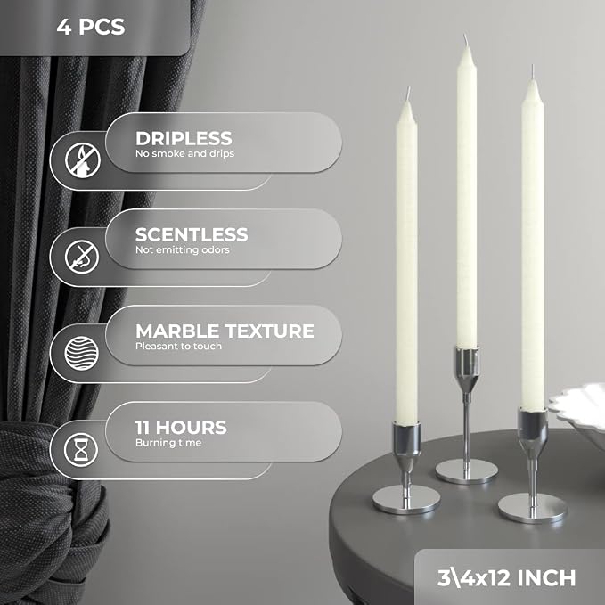 CANDWAX Ivory Taper Candles Pack of 4 - Slow Burning Dripless Unscented Straight Candles 12 inch - Ideal for Dinner Table - Smokeless Long Candlesticks