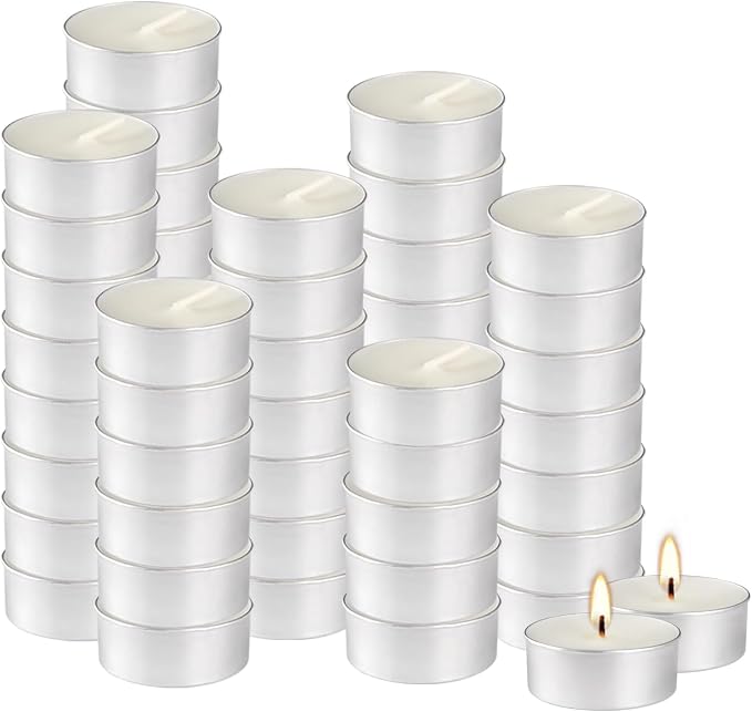 50 Pack Unscented Tealight Candles, 4 Hour Burn Time, Smokeless & Dripless White Tea Lights in Aluminum Cups, Standard Size Votive Candles for Wedding, Christmas, Halloween, Party, Home Décor & Emerge