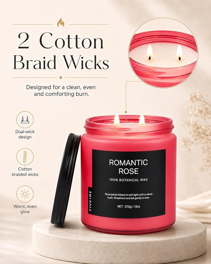 Rose Scented Candles for Home, 13oz Natural Soy Wax 2-Wick Candle, Up to 76-Hour Clean Burn, Romantic Floral Home Fragrance, Relaxing Candle Gifts for Women, Mom, Wife