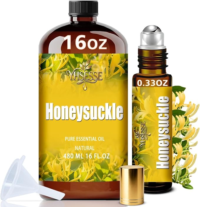 Honeysuckle Essential Oil, Honeysuckle Oil 16 Fl Oz 480ml for Diffuser Yoga Soap & Candle Making – with 0.33 Oz Roller Ball & Funnel YHSESSE Essential Oils