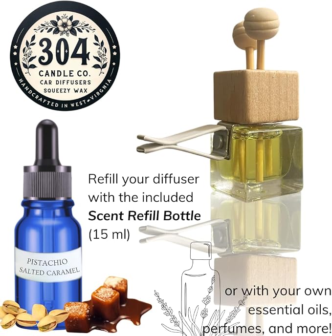 Cute Refillable Car Air Freshener Vent Clip 8mL – Pistachio & Salted Caramel – 15mL Refill Included – Long Lasting Fragrance Oil Diffuser – 100% American Handmade Odor Eliminator