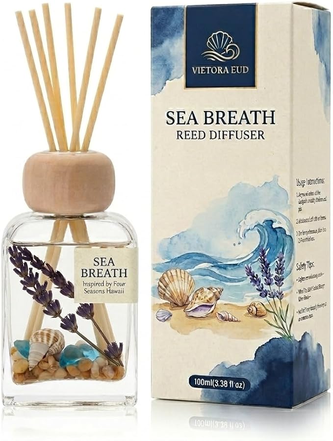 Sea Salt Reed Diffuser for Bathroom & Bedroom - 3.38 Fl Oz, Ocean Breeze Home Fragrance for Women, Coastal Beach Decor with Seashells, Spa Aromatherapy, Non-Toxic Long Lasting & Gift Ready