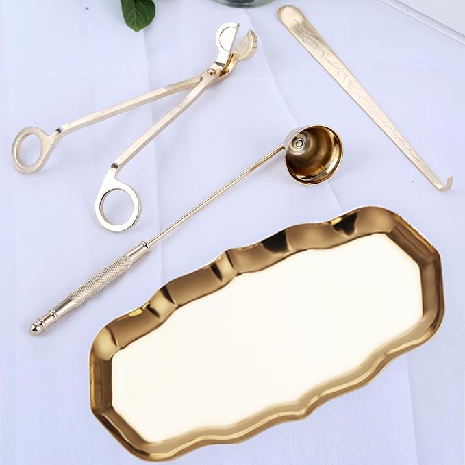 MUXSAM Candle Accessory Set Gift Box, Exquisite Wave Storage Tray Plate, Candle Wick Trimmer, Bell Candle Wick Snuffer, Candle Wick Dipper, 4-in-1 Candle Care Toll Kit for Scented Candle Lover, Gold
