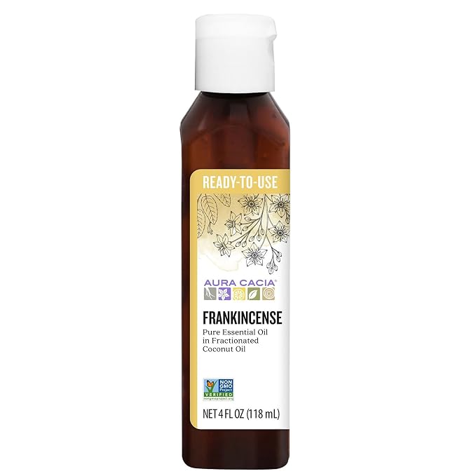 Aura Cacia Ready-to-Use Frankincense Essential Oil in Fractionated Coconut Oil, GC/MS Tested for Purity | 4 Fl Oz (Pack of 1)