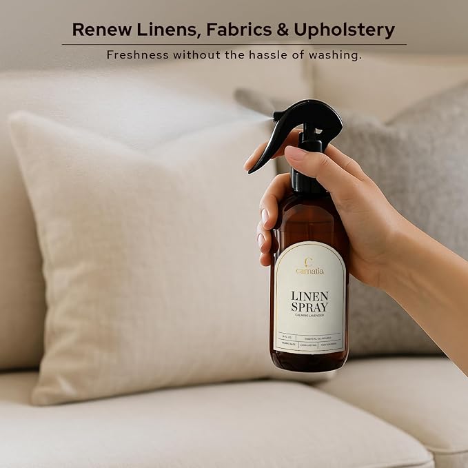 Carnatia Lavender Linen Spray – Calming Aromatherapy Mist with Essential Oils | Relaxing Fabric & Room Spray for Linens, Bedding & Curtains | 8 fl oz Bottle for Soothing Comfort