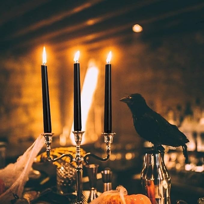 WPONSZU Set of 14 Black Taper Candles, 7-8 Hours Burn Time, Unscented, Smokeless and Dripless, 4/5 x 10 Inch Dinner Candle Set for Halloween,Household, Wedding, Party and Home Décor Candlesticks