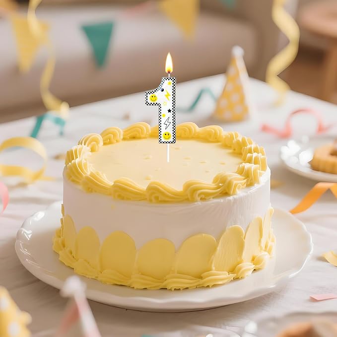 Number 1 Birthday Candle for Cake – 2.7 Inch Large Size Black White Checkered Smiley Design with Lightning & Star – One Happy Dude Theme Cake Topper Decoration