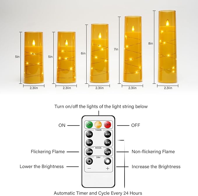 kakoya Flameless LED Candles with Timer 5 Pc Flickering Flameless Candles for Romantic Ambiance and Home Decoration Stable Acrylic Shell,with Embedded Star String，Battery Operated Candles（Gold）
