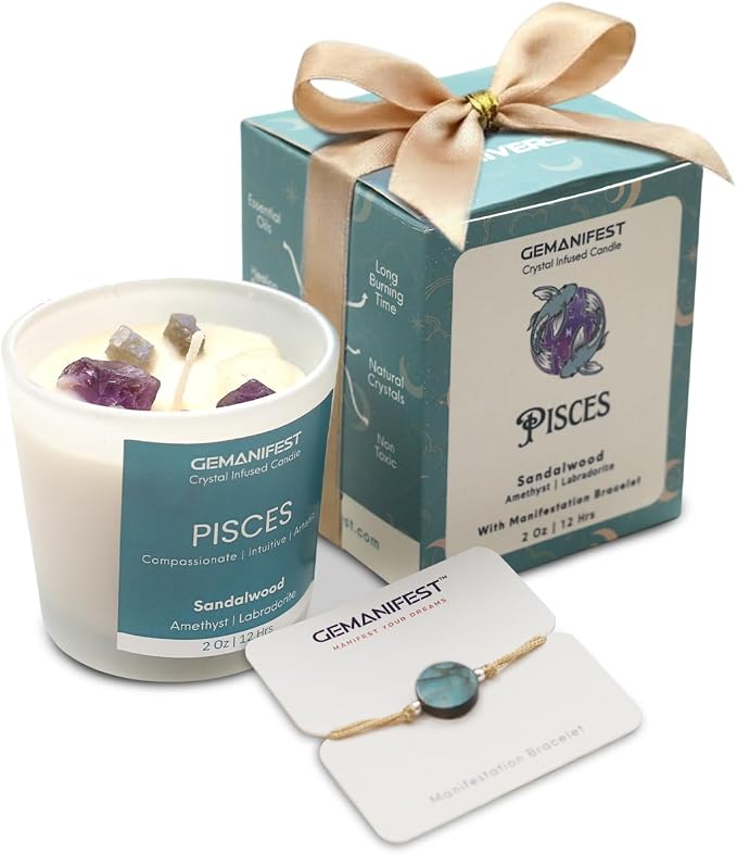 Pisces Zodiac Candle Gifts for Women and Men Sandalwood Crystal Candles for Manifestation Zodiac Crystal Candle with Bracelet and Healing Crystals Pisces Birthday Gifts