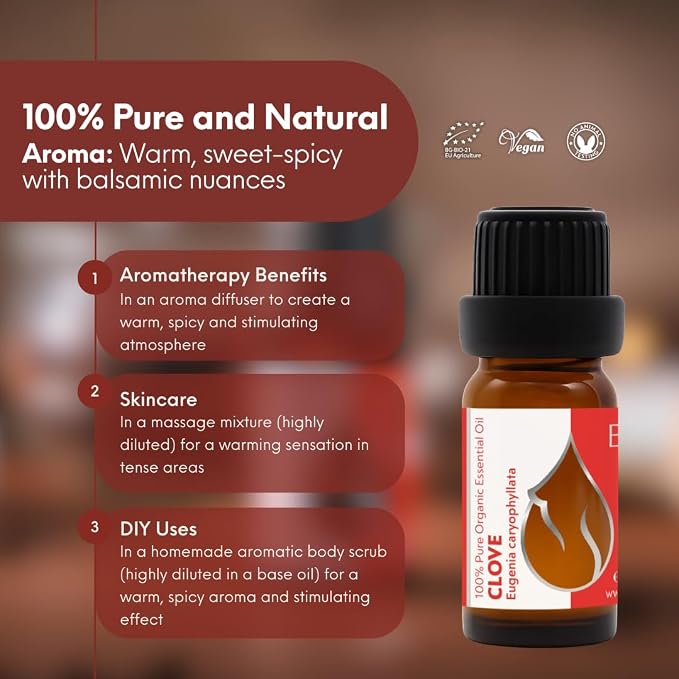 Essences Bulgaria Organic Clove Essential Oil 0.34 Fl Oz | 10ml | Eugenia caryophyllata | 100% Pure and Natural | Undiluted | Therapeutic Grade | Aromatherapy | Cosmetics | Cruelty Free | Non-GMO