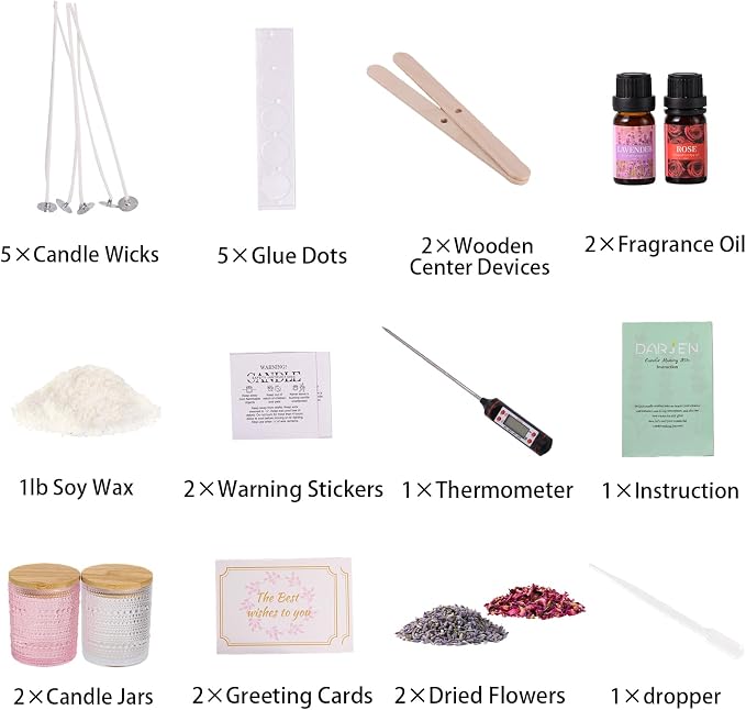 DARJEN Candle Making Kits for Beginners, DIY Starter Scented Candles Making Kit - 2 Glass Jars(Clear, Pink), Soy Wax, Scented, Card & More, Full Soy Candle Making Supplies Set Perfect Gifts