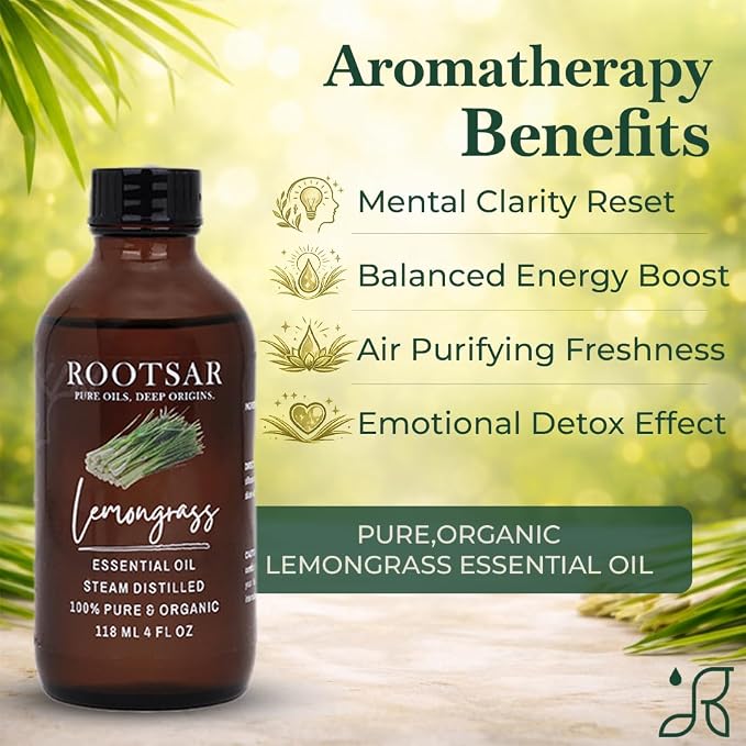 Lemongrass Essential Oil – 100% Pure Organic Lemongrass Oil, Steam Distilled, 4 FL OZ / 118 ML – Premium Essential Oil for Diffuser, Aromatherapy, Massage, Skin Care, Candle & Soap Making