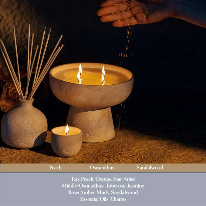 Blueme Calm Candle | Osmanthus & Sandalwood | 4 Wick - Refillable Wellness Candle with Essential Oils, Hand Finished & Poured Soy Wax Blend Ceramic Vessel, Natural Cotton Wicks | Large 24 oz