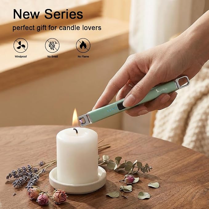 SUPRUS Candle Lighter Arc Electric Lighter Windproof Flameless with Safety Switch for Camping BBQ Birthday, Giftbox for Mom Wife Friend (Green)