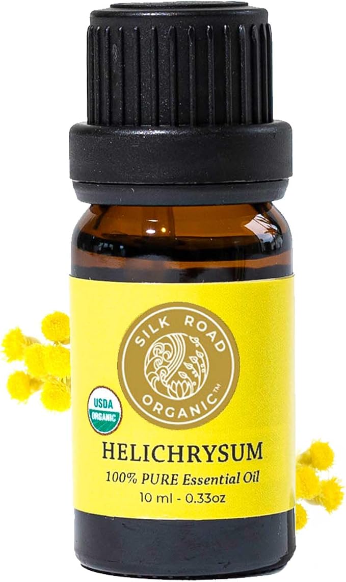 Silk Road Organic Helichrysum Italicum Essential Oil for Skin Care, Wrinkles, Scars, Bruises – 10ml Undiluted Euro Dropper, USDA Certified Immortelle Oil - Always Pure, Always Organic