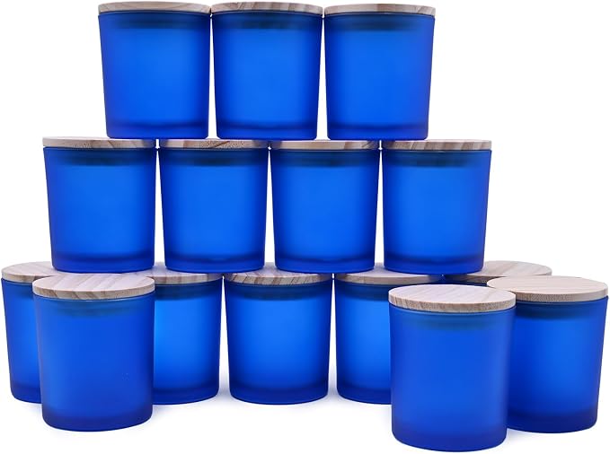 SHOWIN 8 OZ Thick Candle Jars for Making Candles 15 Pcs, Empty Jars with Wood Lids for Candle Making, Sample Container, Frosted Blue