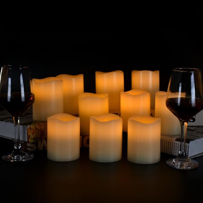 Vinkor Flameless Candles Battery Operated Candles Real Wax Pillar LED Candles with 10-Key Remote and Cycling 24 Hours Timer (Ivory Set of 12 （D: 3" x H: 4"）)