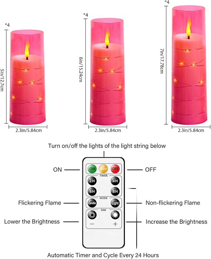 Sasigeiaa Flameless Candles with Embedded Star String - Battery Operated LED Candles, with Remote,12 Pink Flickering Candles for Christmas, Weddings, Home Decor & Party,(D 2.3"×H 5" 6" 7")