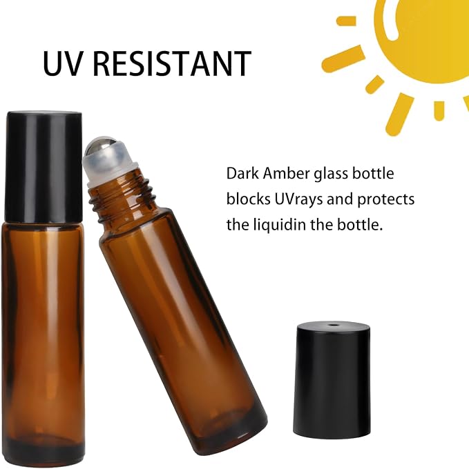 24-Pack 10ml Amber Glass Roll-On Bottles with Stainless Steel Rollers, Refillable Roll-On Applicators for Essential Oils, Castor Oil, Aromatherapy, and Empty Deodorant Containers